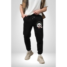 Angemiel Kulaklıklı Hipster Portre Panda Pamuklu 3 İplik Siyah Eşofman Altı Erkek Oversize Kesim Dijital Baskılı Siyah