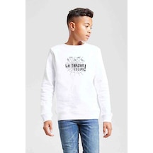 Tshirthane La Tahzen Üzülme Baskılı Unisex Çocuk Beyaz Sweatshirt Beyaz