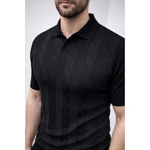 Erkek Yazlık Triko Dokuma Tişört Kısa Kol Polo Yaka T-shirt - Siyah