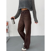 Kadın Kahverengi Taşlamalı Wide-leg Jean Yüksek Bel Geniş Paça Kot Pantolon Kahverengi+wide-leg