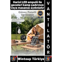 Vantilatör Kamp Piknik Yoğun Üflemeli Güneş Panelli Şarjlı Ampullü 5 Kademeli Kablosuz Vantilatör