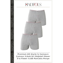 Hadpols Premium Alt Giyim İç Çamaşırı Çamaşır Erkek Gri Düğmeli Boxer 3'lü Paket %100 Pamuklu Penye