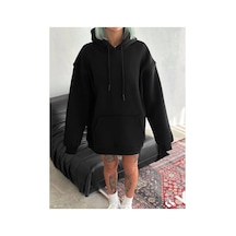Kadın Kapüşonlu Kanguru Cepli 3 İplik Pamuklu Oversize Hoodie Sweatshirt - Siyah