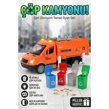 Çöp Kamyonu Oyuncak Seti - Sesli Işıklı Geri Dönüşüm Arabası - 4 Renkli Çöp Kutulu Ve Kartlı - 27 Cm