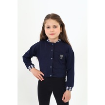 Toontoy Kız Çocuk Kolej Yaka Çıtçıt Kapama Baskılı Renk Bloklu Örme Hırka - 2 İplik Şardonlu Lacivert