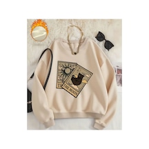 Herkesemoda The Moon Baskı Detaylı Bisiklet Yaka Sweatshirt Bej