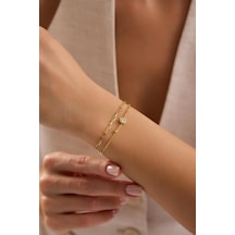 925 Ayar Gümüş Gold Kaplama Çift Zincirli 5 Mm Tektaş Model Bileklik