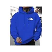 Herkesemoda Göğüs Baskı Yazı Detaylı İçi Polarlı Kapüşonlu Sweatshirt Mavi