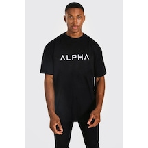 Startmore Erkek Siyah Alpha Baskılı Oversize Bisiklet Yaka T-shirt Siyah