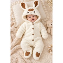 Beniizle 0-6 Ay Kuzu Desenli Peluş Bebek Tulum Kapüşonlu Welsoft Tulum Ekru