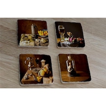 Eski Objeler Natürmort Doğal Taş Bardak Altlığı 4'lü Set - Natural Stone Coasters - Taş Çok Renkli