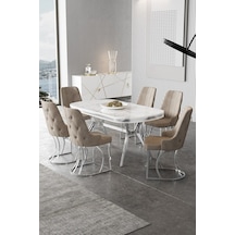 Canisa Epal Serisi 90x168 Lak Panel Beyaz Mermer Desen Masa Takımı Krom Ayaklı 6 Cappucino Sandalye Beyaz Mermer Desen Masa Sandalyeler Cappucino