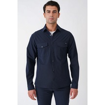 Comfort Fit Yan Cepli Esnek İnce Çizgili Lacivert Gömlek Ceket G 1608