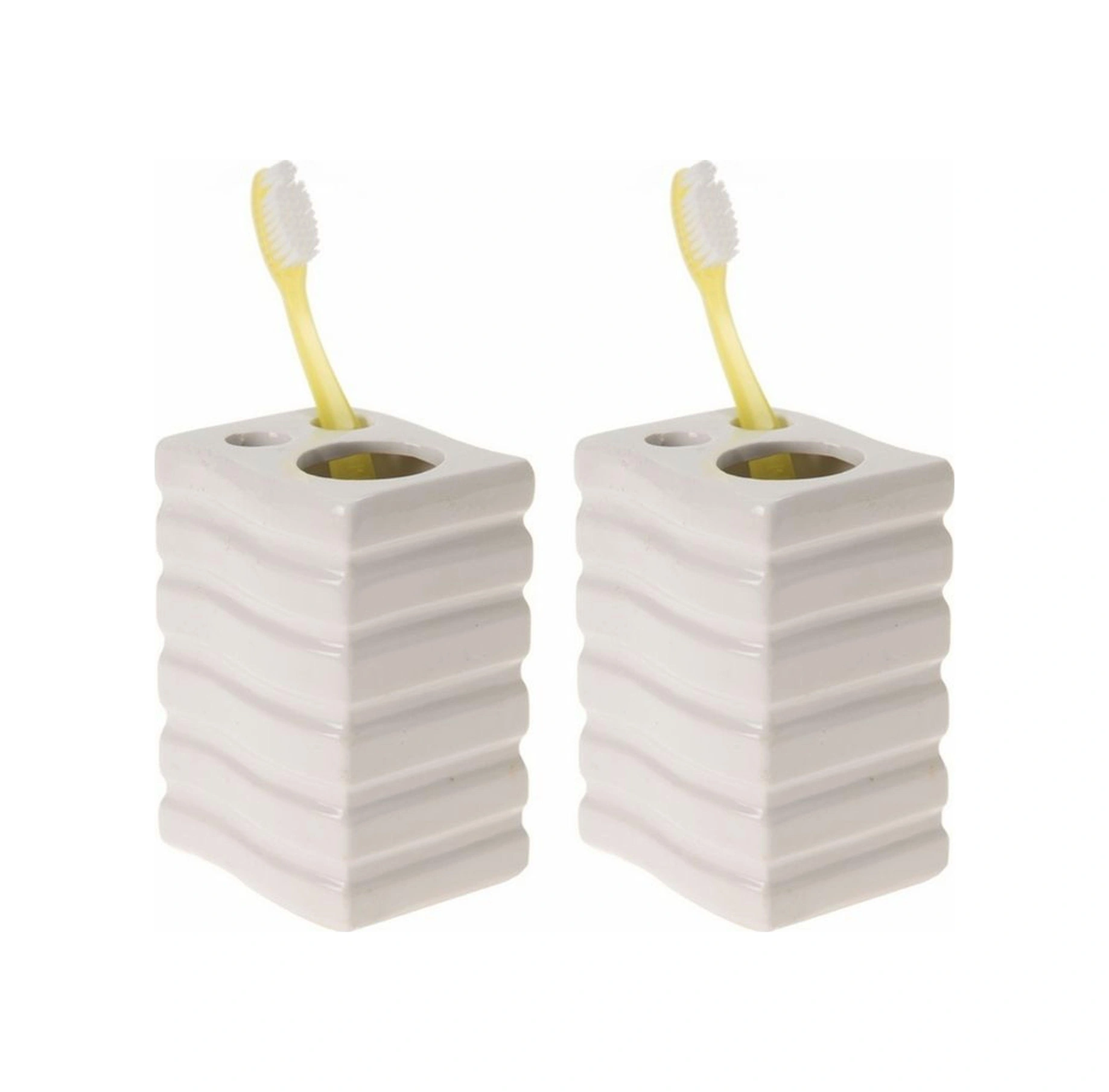 2 Adet Seramik Diş Fırçalık Kare Çizgili Model 8x6x11cm Banyo Seti Çok Renkli