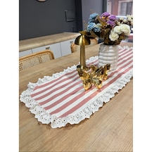 Vintage Duck Keten Çizgili Pudra Desenli Runner 40 X 110 Cm Pudra