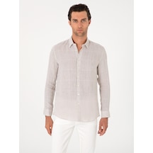Cacharel Bej Regular Fit Kareli %100 Keten Gömlek