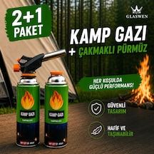 2+1 Çakmaklı Pürmüz Yedek Kartuşu Kamp Gazı 400 Ml Piknik Kamp Mangal Mutfak Ateş Tutuşturucu Yeşil