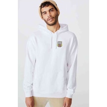 Baykuş Göğüs Baskılı Beyaz Erkek Örme Kapşonlu Sweatshirt