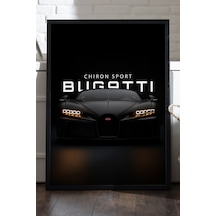 Bugattio Chiron Sport Siyah Ahşap Çerçeveli Poster, Dekoratif Araba Duvar Tablosu