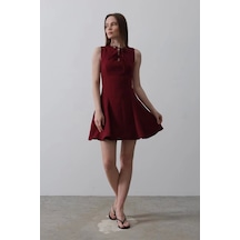 Fiyonk Detay Sıfır Kollu Mini Elbise - Bordo Bordo