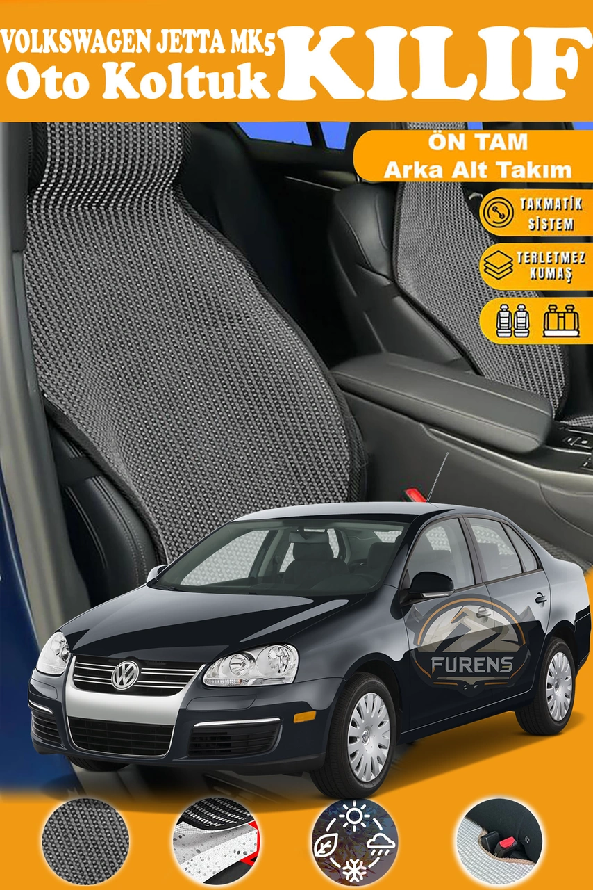 Volkswagen Jetta Mk5 Uyumlu Siyah Prestij Serisi Dokuma Kumaş Oto Koltuk Kılıfı Ön Tam Arka Alt
