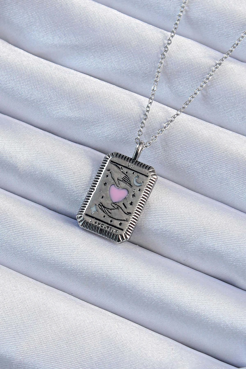 316l Çelik Zincir Eskitme Gümüş Renk Pembe Mineli Kalp Figürlü Tarot Kolye altın