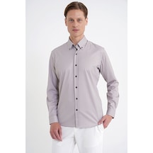 Slim Fit Pötikare Baskılı Pamuklu Yaka Düğmeli Vizon Gömlek G 1604 Slim Fit Pötikare Baskılı Pamuklu Yaka Düğmeli Vizon Gömlek G 1604