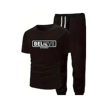 Medinenur Believe Yazı Baskılı T-shirt Eşofman Altı Jogger Rahat Kalıp Siyah Eşofman Takım Siyah