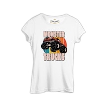 Monster Trucks Circle Sunset Background Beyaz Kadın Tshirt 001