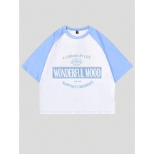 Wonderful Mood Süprem Crop T-shirt - Beyaz Bebe Mavi Baskılı Oversize Bisiklet Yaka Tişört Beyaz
