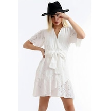 Defymoda Kadın Pamuklu Kumaş Astarlı Elbise Beyaz