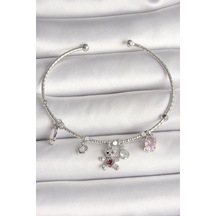 Pirinç Gümüş Renk Sallantı Zirkon Taşlı Ayıcık Figür Kırmızı Taş Detay Charm Kadın Bileklik - Tj-bb6912 Diğer