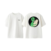 Thewert Alien And Cat Tasarım Sırt Baskılı Pamuk Beyaz Oversize T-shirt