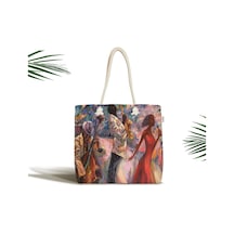 Kadın Renkli Yağlı Boya Çizimli Motifli Modern Fermuarlı Plaj Çantası