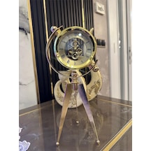Lüks Gold Tripod Dekoratif Masa Saati İskelet Mekanizmalı Retro Tasarım Altın