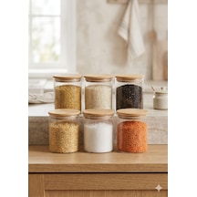 6 Lı Set Uyumlu Bambu Kapaklı Cam Erzak Saklama Kabı 10x12 Cm - Vakumlu Kapak Şeffaf