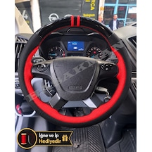 Ford Transit Custom Dikme Direksiyon Kılıfı Parlak Siyah Kırmızı Detaylı Kırmızı Çift Yüzük Ve Dikiş 2014+
