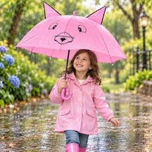 Mubx Kedi Kulaklı Çocuk Şemsiyesi 76 Cm Çap Sevimli Figürlü Düdüklü Yağmur Şemsiyesi Açık Pembe