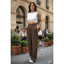 Unika Boutique Siyah Likralı Plazzo Kumaş Pantolon Cırt Kapamalı Rahat Kesim Kahverengi