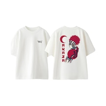 Thewert Akaza Tasarım Sırt Baskılı Pamuk Beyaz Oversize T-shirt