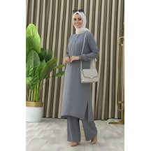 Tesettür İkili Takım Uzun Tunik Bol Paça Pantolon 4006-gri Gri