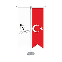 Mustafa Kemal Atatürk İmzalı Silüeti - Karakalem Ve Türkiye-kırlangıç-saten T Direk 2li Masa Bayrağı 1
