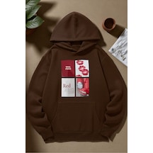 Uyguntarz Unisex Red Mon Cheri Baskılı Kapüşonlu Sweatshirt Kahverengi