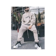 Tarzsokak Kapüşonlu Dijital Baskılı Kalın Tam Kışlık Oversize Yeni Stil Erkek Eşofman Takımı Bej