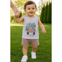 Babyhola Erkek Bebek Pamuk Atlet Şort Takım Yazlık Dinozor Desenli 2'li Takım 3562 Kahverengi