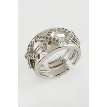 Çarpı - 436 - Taşlı Metal Yüzük - Edntrend - Gümüş Rengi