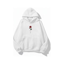 Uyguntarz Unisex Yumuşak Dokulu Gülü Seven Baskılı Tasarım Oversize 3 İplik Hoodie Sweatshirt beyaz