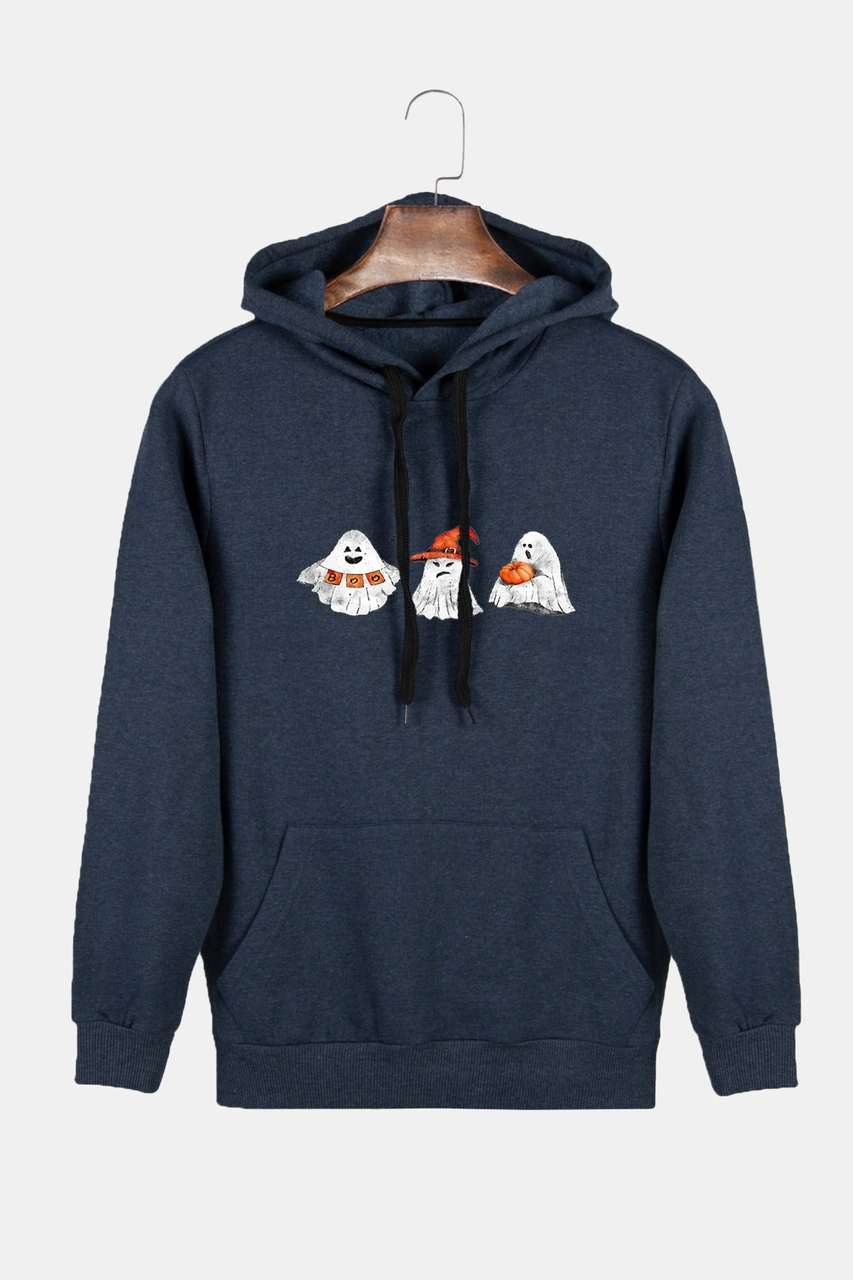 Unisex Indigo Kapüşonlu Cadılar Bayramı Boo Baskılı Slim Fit Kanguru Cepli Sweatshirt İndigo