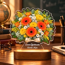 Bk Gift Kişiye Özel Turuncu Gerbera Ve Sarı Papatya Işıklı Çiçek Buketi Led Lamba