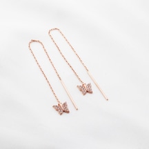 Kelebek Zirkon Taşlı Rose Gold Kaplama Gümüş Zincir Küpe Gümüş